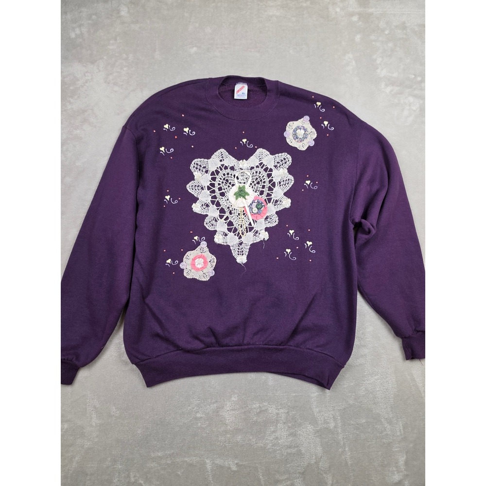 Vintage Jerzees Sweatshirt Adult XL Purple Cottagecore Lace Heart Buttons USA